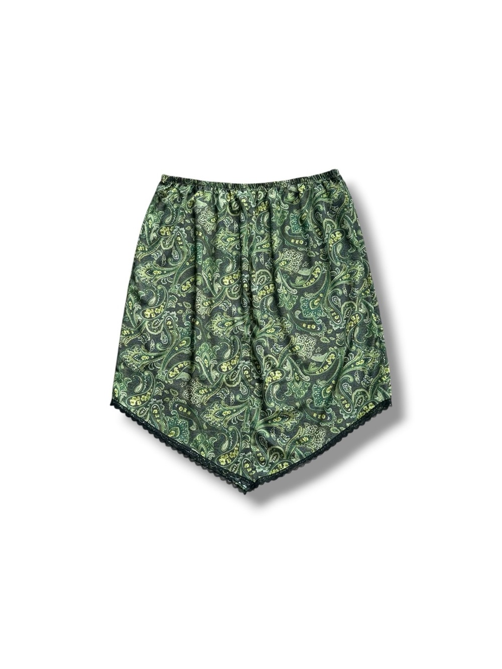 Vintage 90s Y2K Asymmetrical Paisley Stretch Satin Lace Trim Midi Skirt 3X SBK